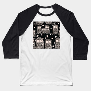 Folk Art Owls, Owlets and Hearts on Black Baseball T-Shirt